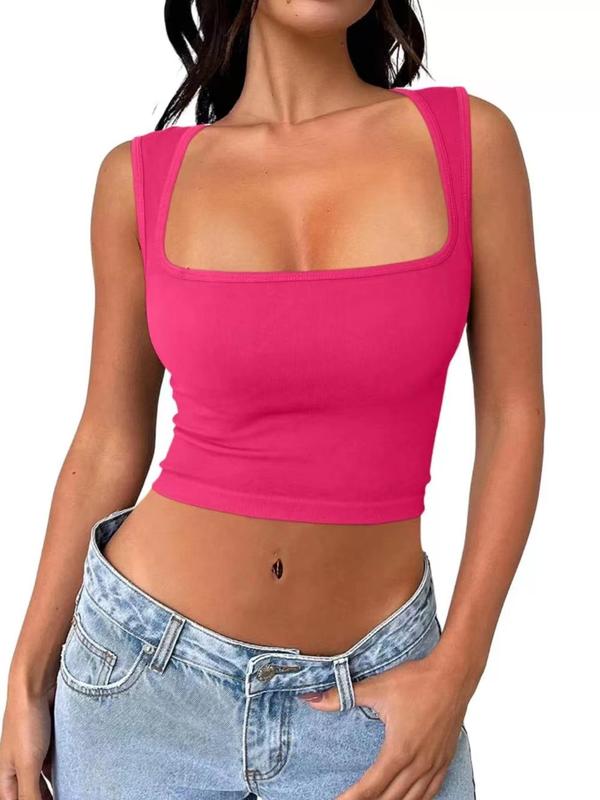 Solid Square Neck Sports Vest, Tank Tops for Women, Casual Comfy Workout Tops, Breathable Sleeveless Crop Top for Yoga Gym Workout, Running Vest, Ladies Sportswear Clothing for All Seasons, Fall Outfits, Fallfreshness Tank Tops For Men